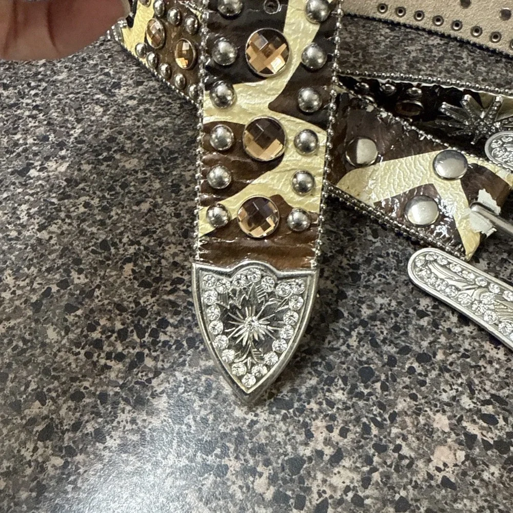 Blazin Roxx Belt Western Rhinestone Studded Leather Large Cowgirl Brown Tan READ
